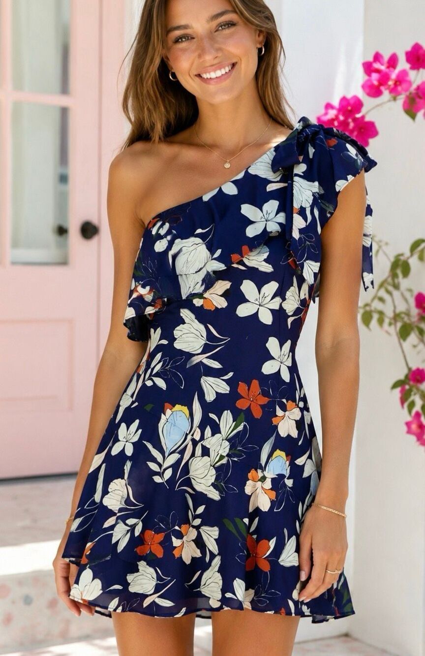 Parker MoonDance One Shoulder Floral Bow Dress Navy Fit & Flare Sz Sm Sorority P